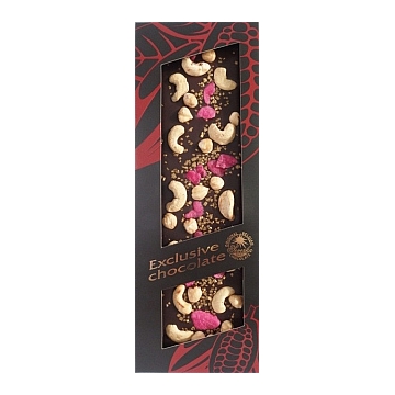 Exclusive chocolate s kešu a lískovými ořechy, růžemi a zlatými krystalky hořká